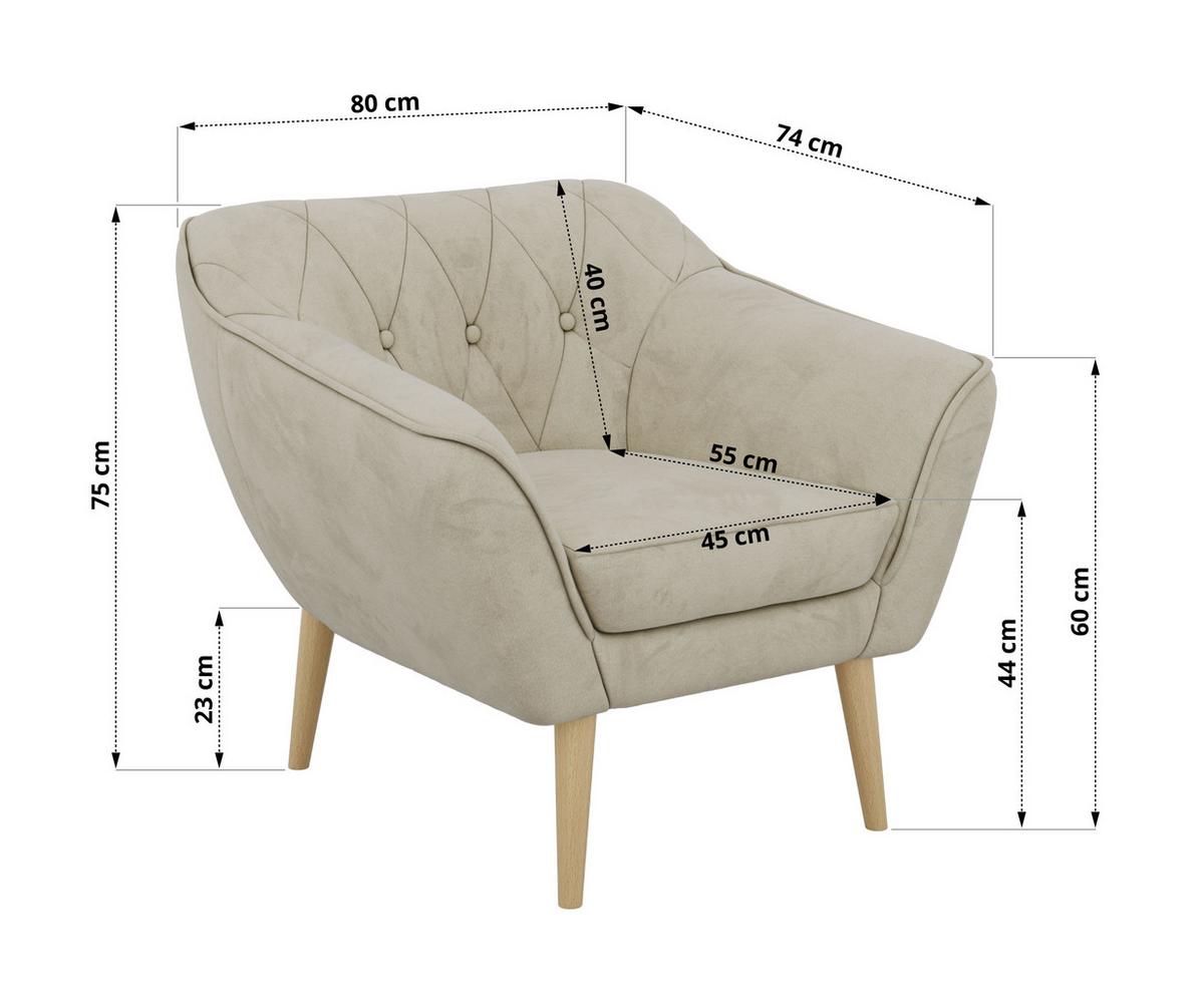 SESSEL PIRS - Beige Velvet - Holzbeine - Beige/Buchefarben, Holzwerkstoff/Textil (80/75/74cm) - MKS