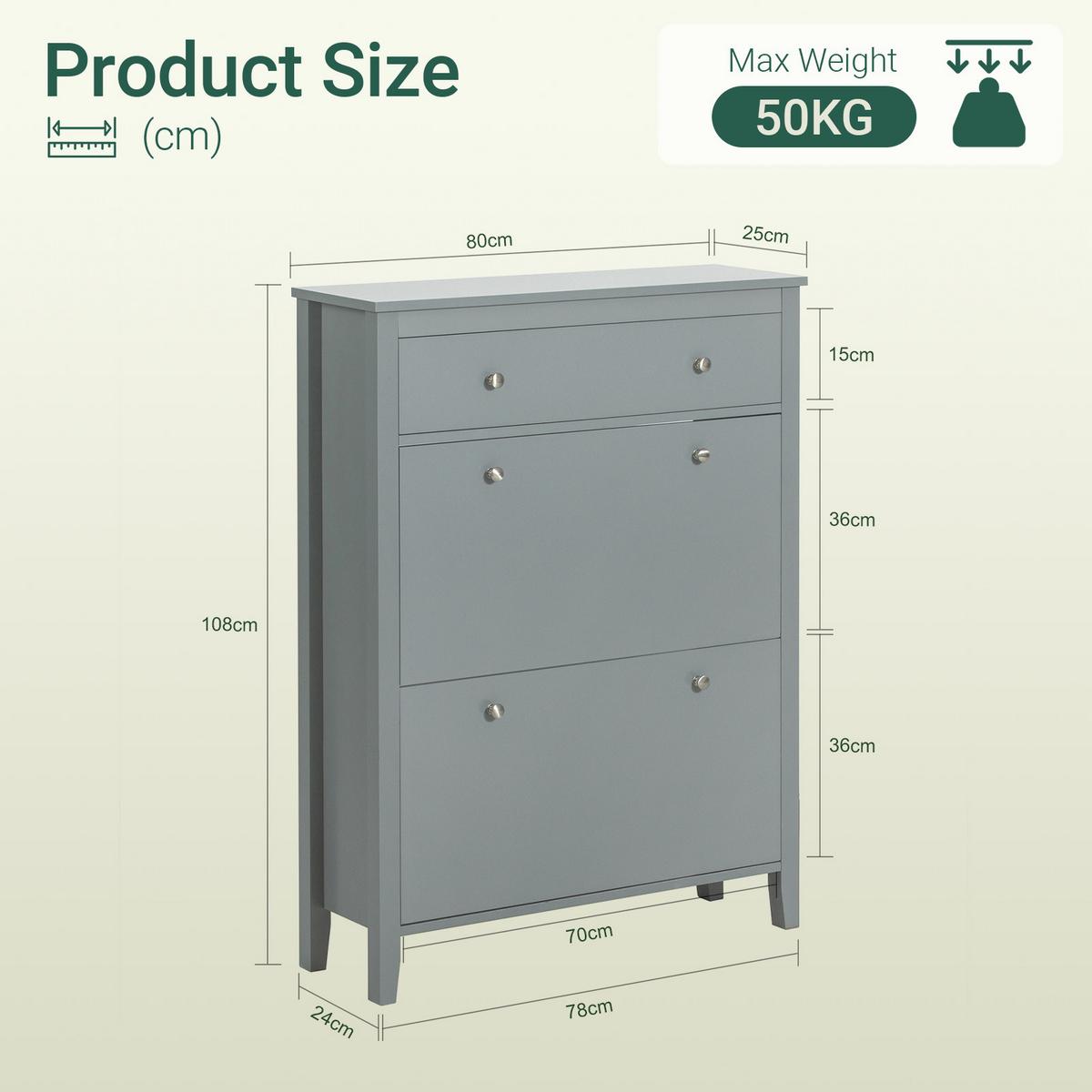 SCHUHSCHRANK Grau, 80 x 108 x 25 cm, mit Schublade und 2 Klappen für bis zu 12 Paar, schmal für den Flur - Grau, Holzwerkstoff (80/108/25cm) - SoBuy