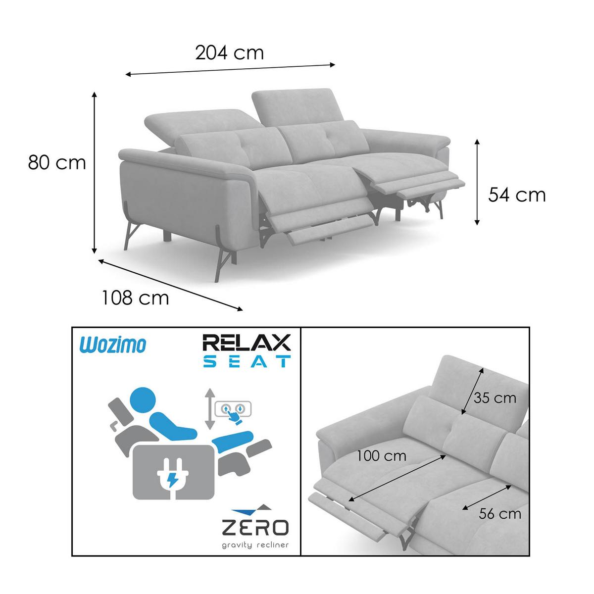 SOFA RELAX AVENA 3-Sitzer, brauner Veloursstoff - Schwarz/Braun, Holz/Textil (204/80/108cm) - Courtois Laville