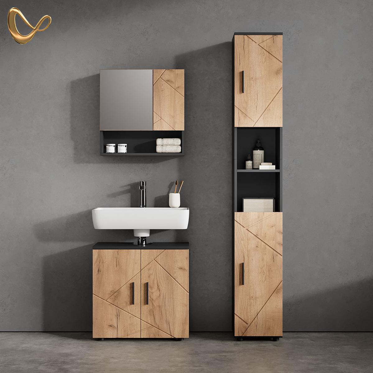 BADMÖBEL-SET Ronco Goldkraft Eiche/Anthrazit 2 Teile, Unterschrank 60 cm - Honigeiche/Anthrazit, Holzwerkstoff (60/59/30cm) - Livinity®