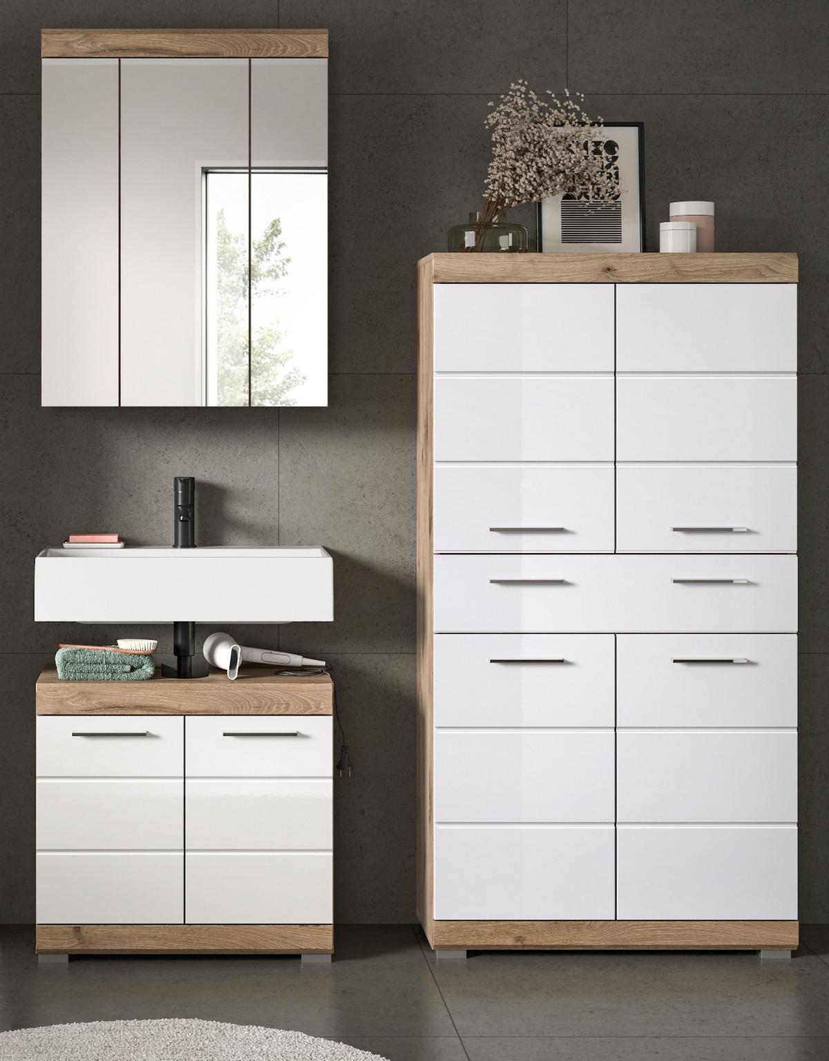 BADMÖBEL-SET weiß Hochglanz, Eiche 3-teilig 149 cm mit viel Stauraum - Weiß Hochglanz/Eichefarben, Glas/Holzwerkstoff (149/191/34cm) - Inn.Furn