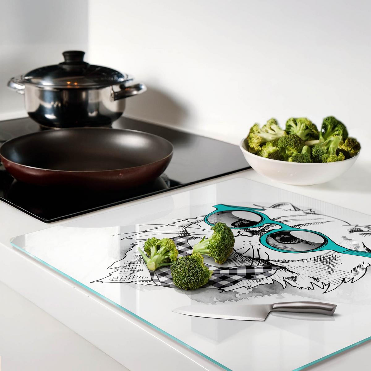 GLASPLATTE 60x52 cm Katze mit Brille - Blau, Glas (60/52cm) - TULUP