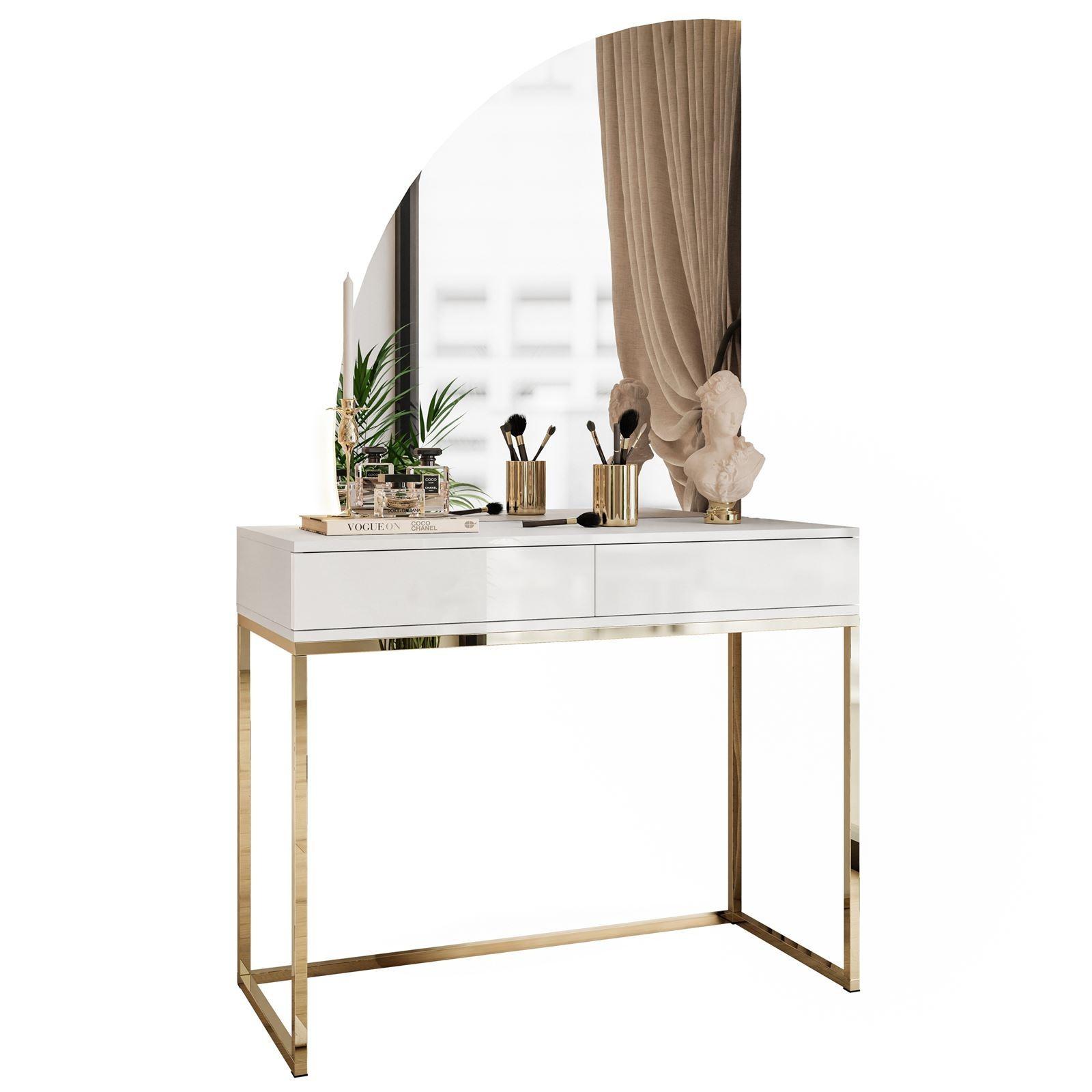 SCHMINKTISCH weiß QUINNIE mit LED-Spiegel gold Chrom links PUSH OPEN - Goldfarben/Weiß, Holzwerkstoff (100/176/42cm) - Lookway