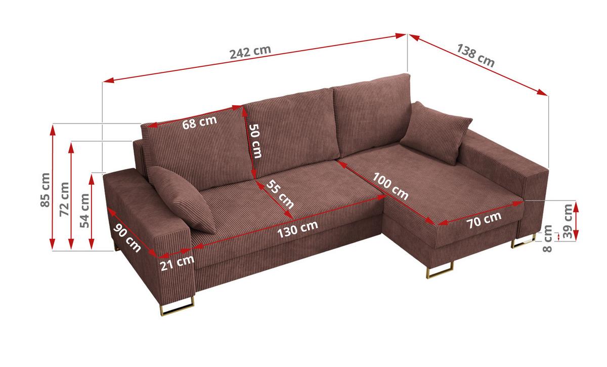 ECKSOFA Dorian Cord Braun - Goldfarben/Braun, Textil/Metall (242/138cm) - MKS