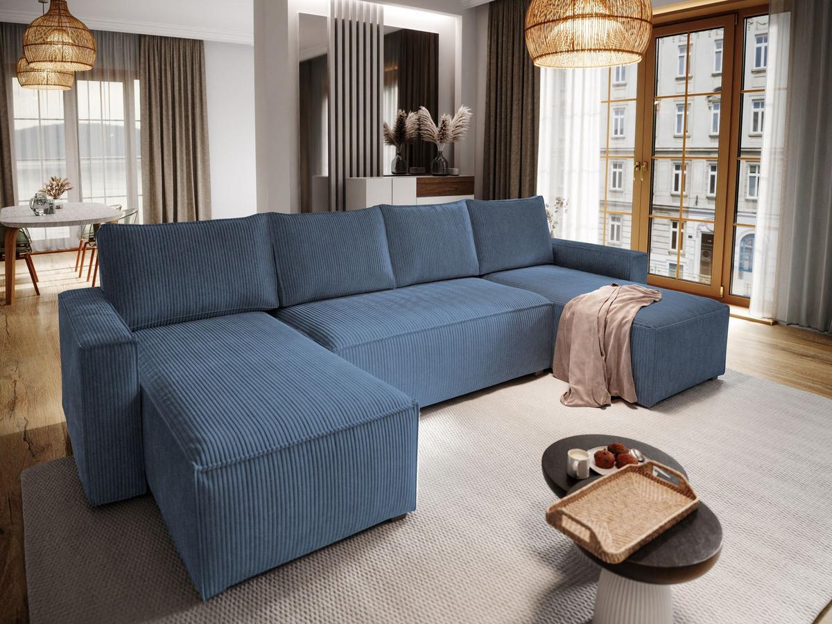 WOHNLANDSCHAFT ASPRA Blau Kordstoff mit Schlaffunktion - Blau/Grau, Holz/Kunststoff (295/85/140cm) - MASSENO