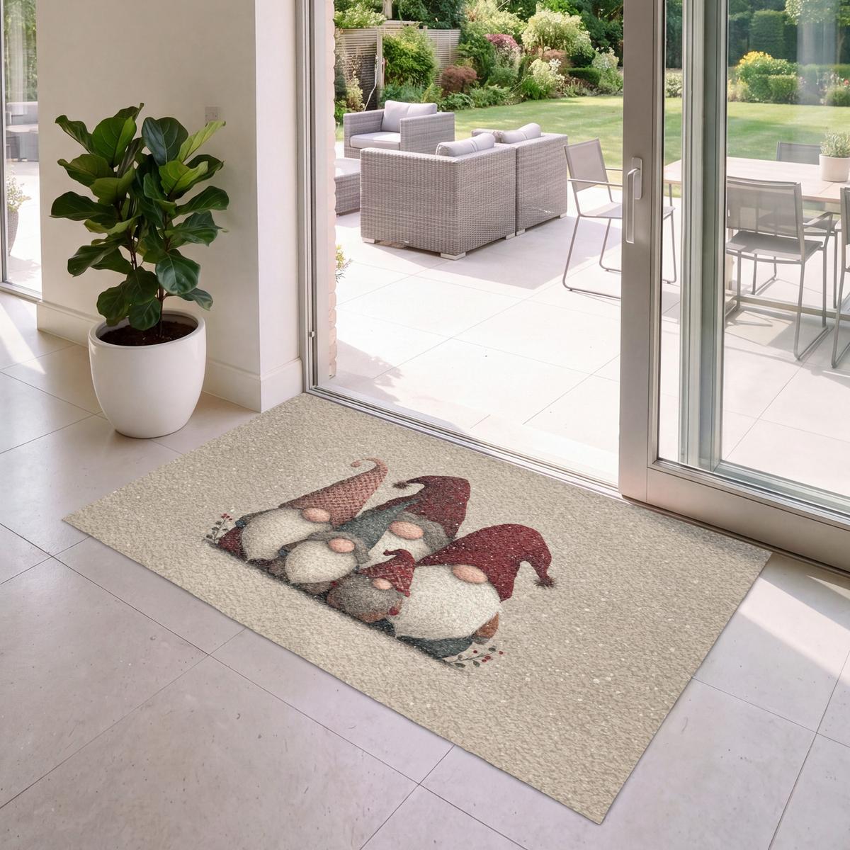 FUSSMATTE Wichtel - Weihnachten - Schnee - Zipfelmützen Türmatte 150x90 cm - Beige, Kunststoff (150/0.4cm) - MuchoWow