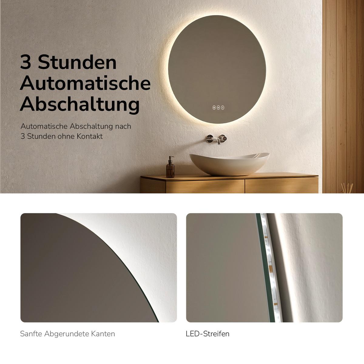 BADSPIEGEL Rund mit Beleuchtung Rahmenlos, 3 Lichtfarben, beschlagfrei, Ø 80 cm - Transparent, Glas (80/80/3cm) - EMKE