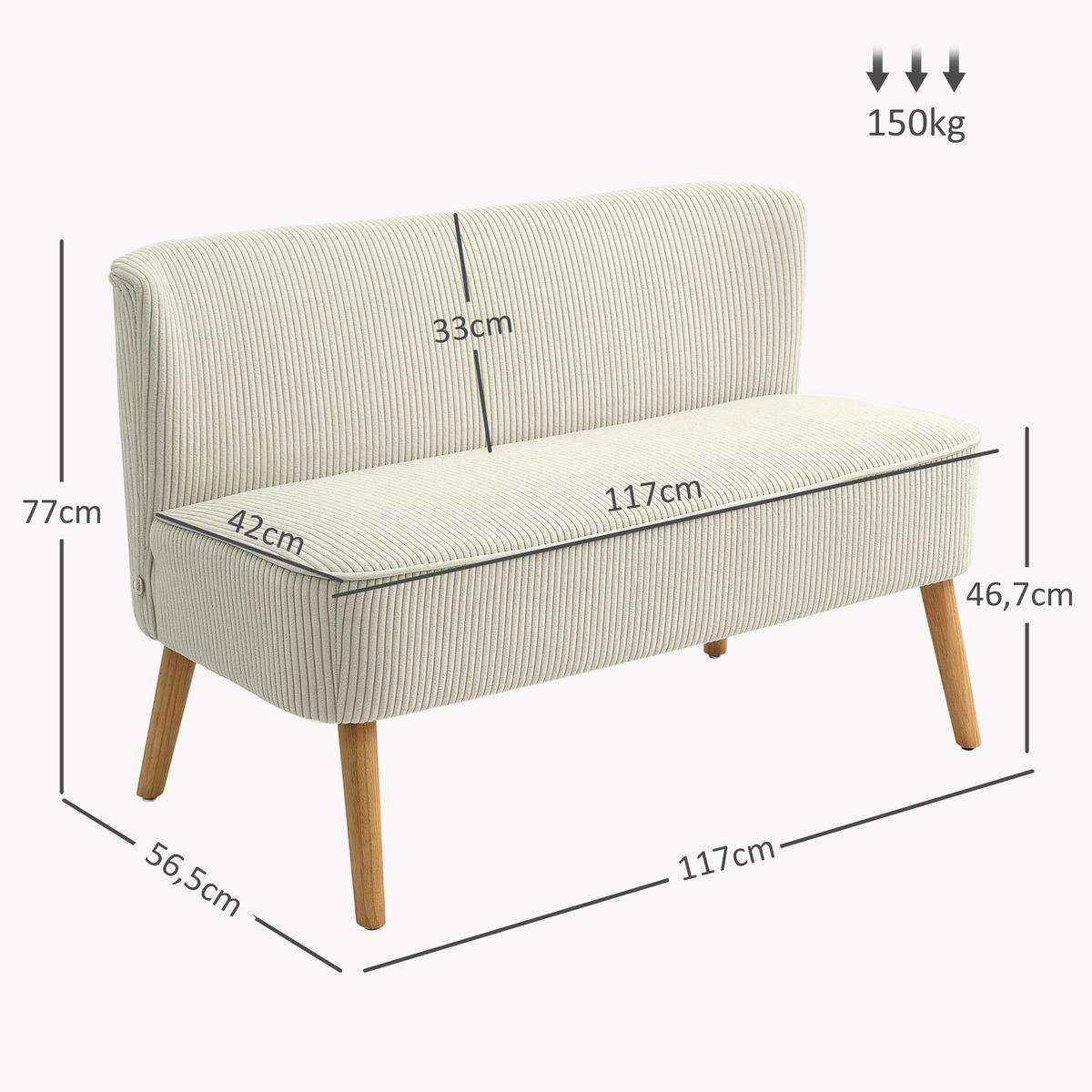 SOFA 2 Sitzer modern Couch ohne Armlehne Polstersofa mit Cord-Optik Cremeweiß - Perlmutt/Creme, Holz/Textil (56.5/77/117cm) - HOMCOM