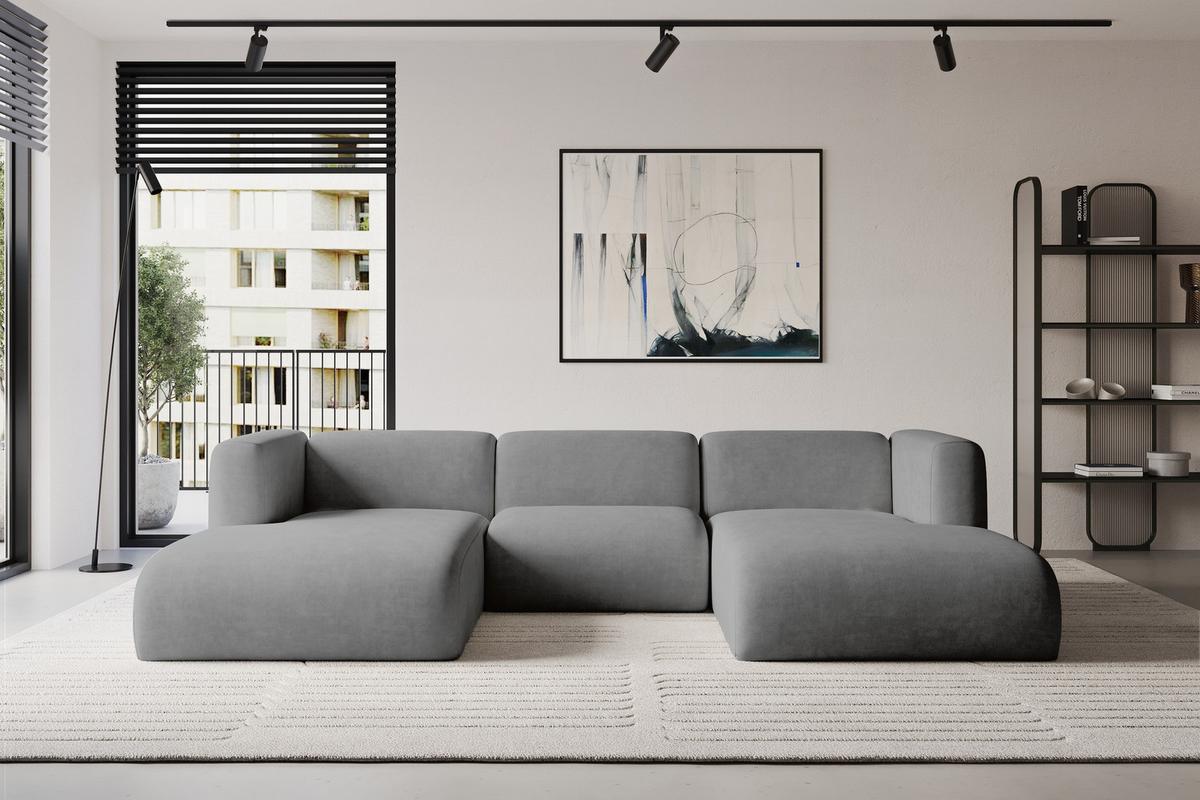 WOHNLANDSCHAFT MIRA-U1 317x179x70 Grau Velours - Schieferfarben/Schwarz, Holzwerkstoff/Kunststoff (317/70/179cm) - ALTDECOR