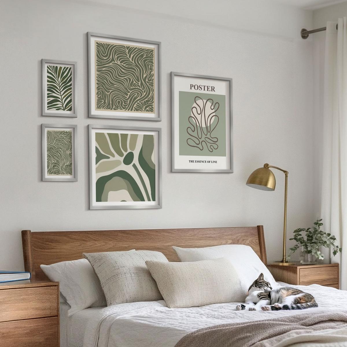 BILDER SET 5er Set - 50x50 cm & 20x30 cm & 40x60 cm Silberner Rahmen - Blattmuster und wellenförmige Formen - Silberfarben, Kunststoff (40/60cm) - TULUP