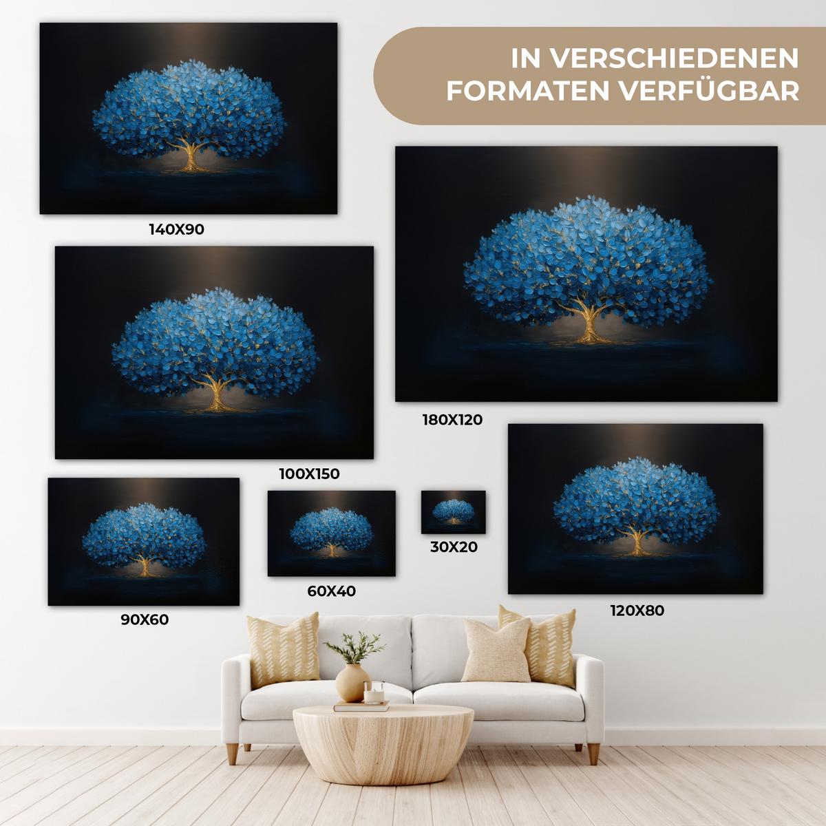 LEINWANDBILD Baum - Blau - Blätter - Pinselstriche Groß 140x90 cm - Blau, Textil (140/90cm) - MuchoWow