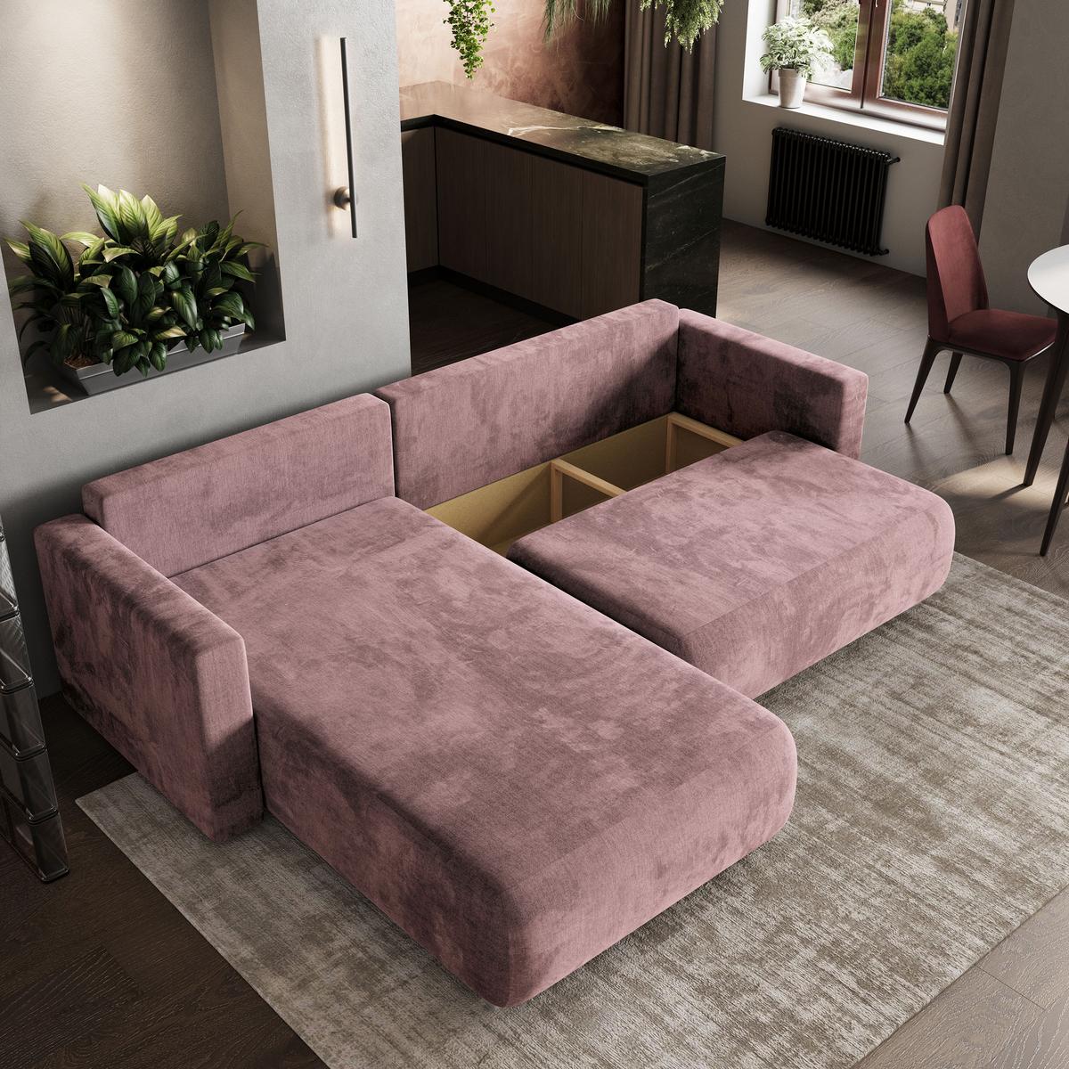 ECKSOFA TURIN M Lila Velours-Stoff mit Schlaffunktion - Lila/Grau, Holz/Kunststoff (265/183cm) - MASSENO