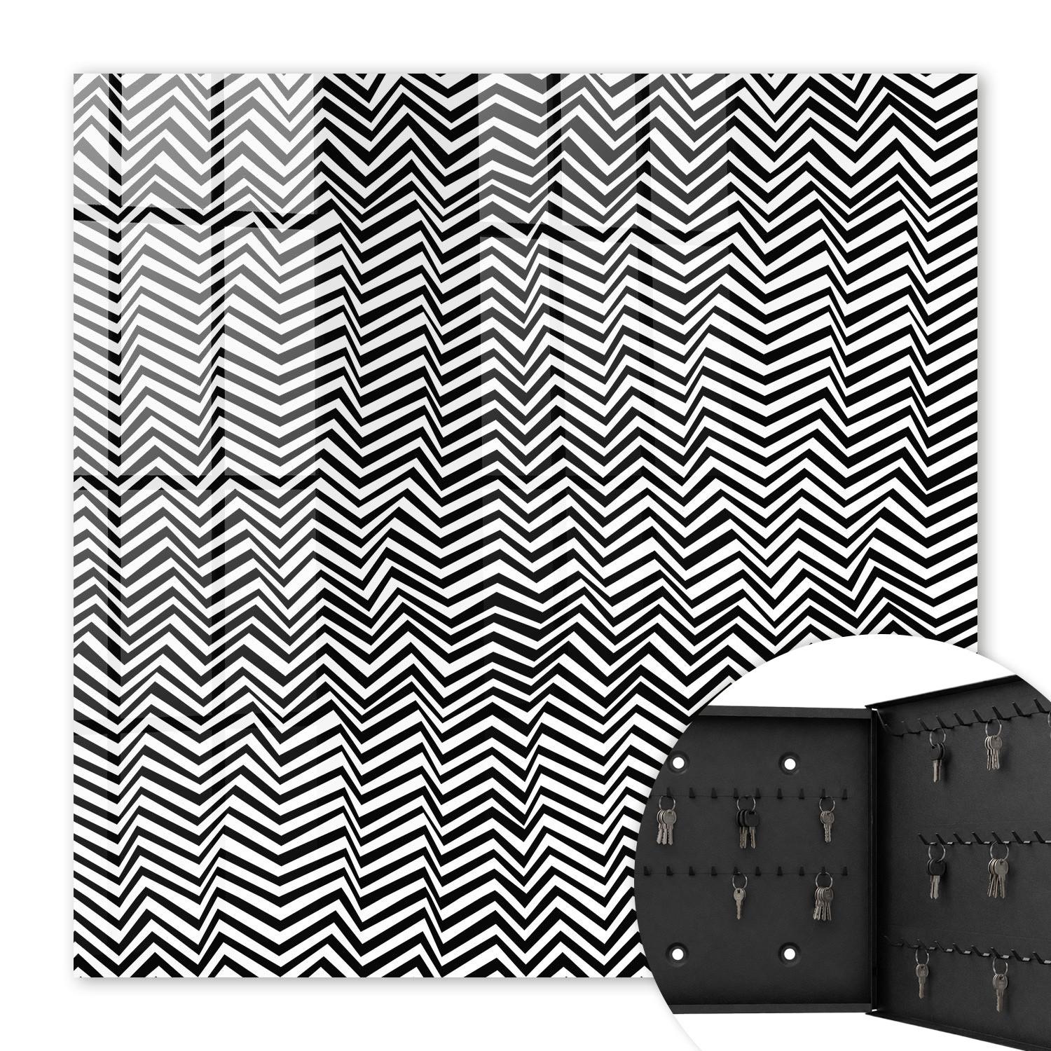 SCHLÜSSELBOX Schwarz 30x30 cm- Türöffnung nach rechts - Zickzacklinien dynamisch - Multicolor, Metall (30/30/5cm) - TULUP