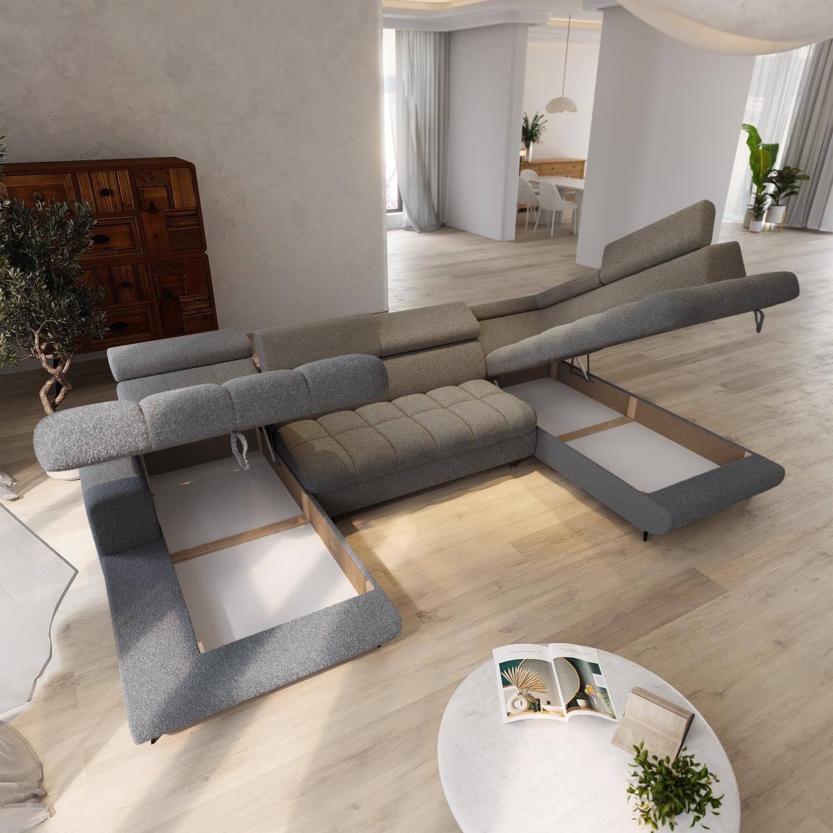 WOHNLANDSCHAFT CORENO Grau Boucle-Stoff mit Schlaffunktion - Grau, Holz (345/88/190cm) - MASSENO