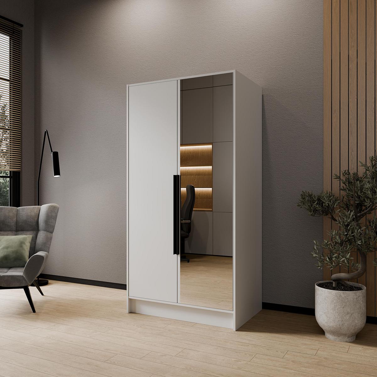 KLEIDERSCHRANK Mono Lux mit Speigel, Drehtüren mit Schwarze Metallgriffe, Weiß 102/200/51 cm - Weiß, Holzwerkstoff (102/200/51cm) - WFL GROUP