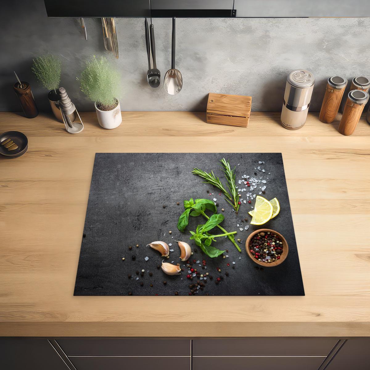 HERDABDECKPLATTE Limette - Kräuter - Gewürze - Grün - Grau - Beton Ceranfeldabdeckung 59x52 cm - Grün, Kunststoff (59/52/0.2cm) - MuchoWow