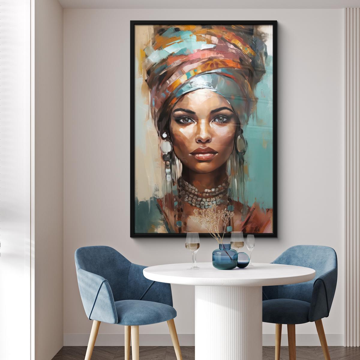 POSTER MIT RAHMEN Frau - Kunst - Schmuck - Porträt Bilderleiste 80x120 cm - Blaugrau, Papier (80/120cm) - MuchoWow