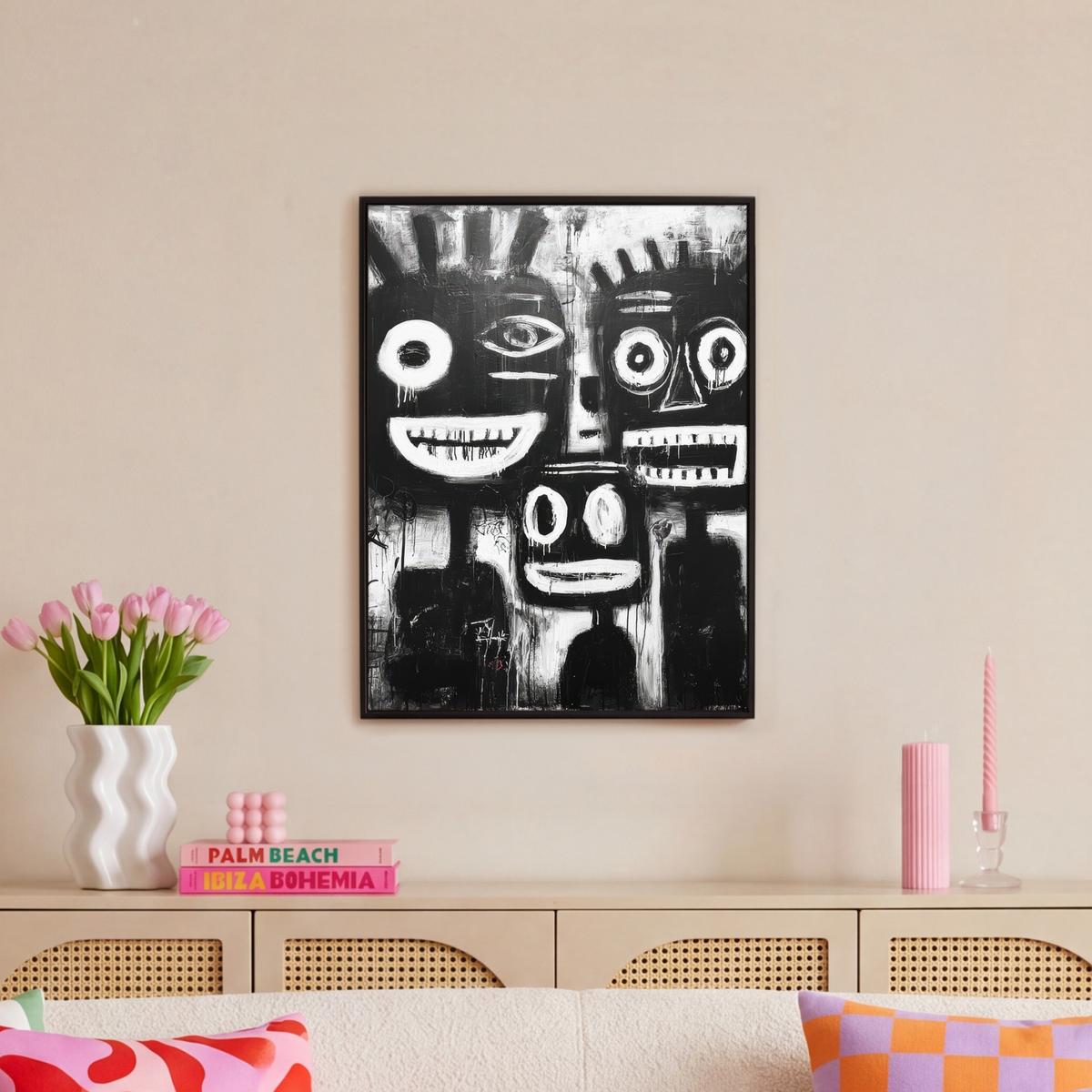 LEINWAND Bilder mit Rahmen - Malerei - Figuren - Schwarz - Abstrakt - 60x80 - Schwarz, Textil (60/80cm) - MuchoWow