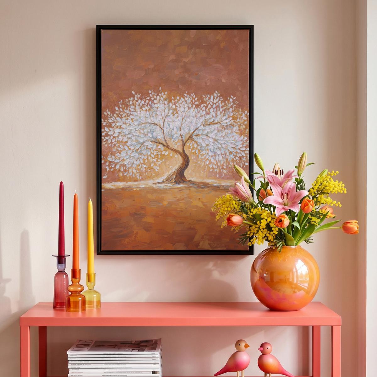LEINWAND Bilder mit Rahmen - Abstrakt - Baum - Weiß - Blätter - 40x60 - Braun, Textil (40/60cm) - MuchoWow