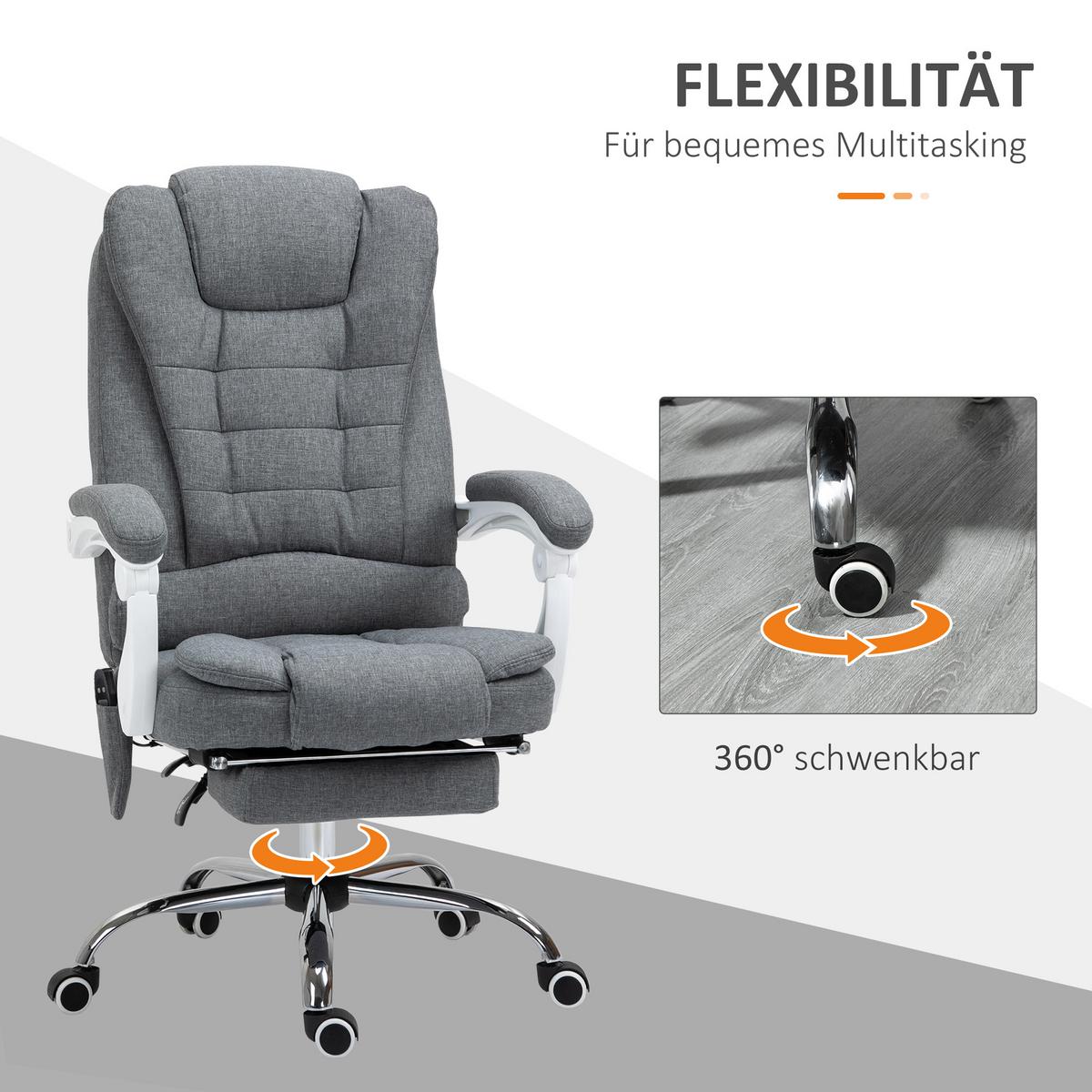 CHEFSESSEL mit Massagefunktion, Ergonomischer Schreibtischstuhl mit Liegefunktion - Silberfarben/Grau, Kunststoff/Textil (70/119/65cm) - Vinsetto
