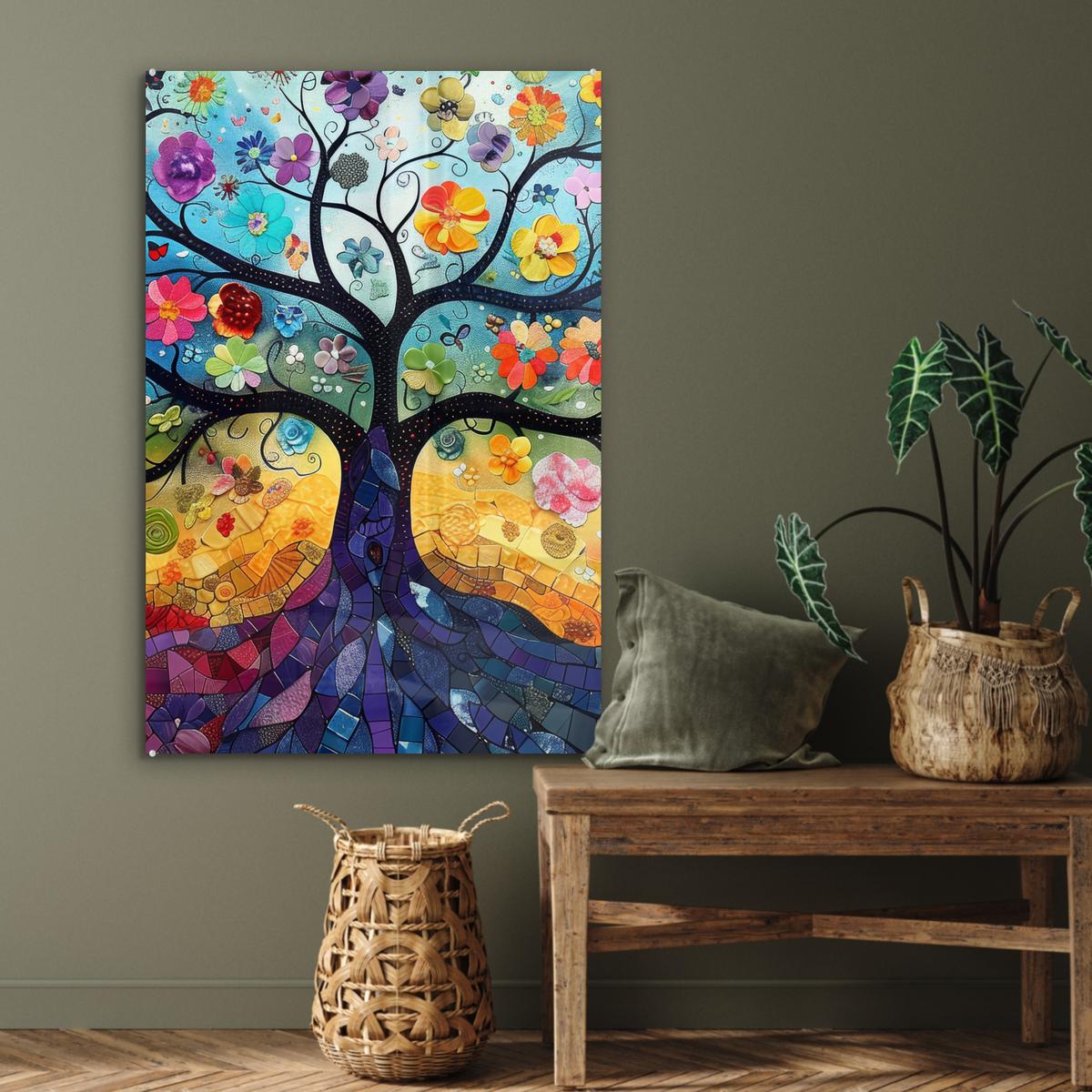 ACRYLGLASBILD Kunst - Baum des Lebens - Blumen - Hippie 80x120 cm - Dunkelblau, Glas (80/120cm) - MuchoWow
