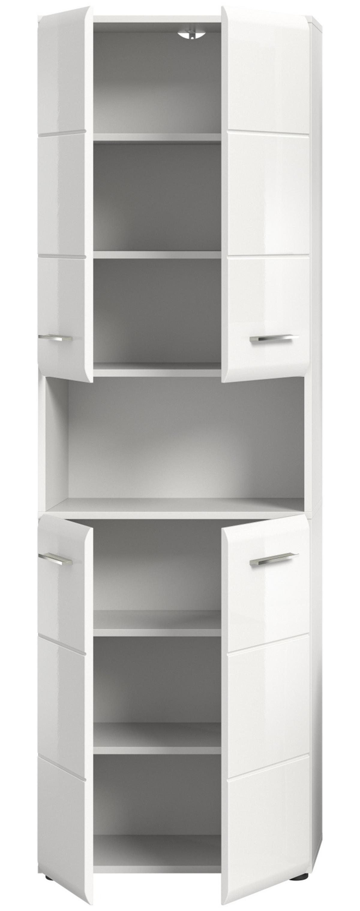 HOCHSCHRANK weiß Hochglanz, 4-türiger Badschrank 60 x 185 cm mit viel Stauraum - Weiß Hochglanz/Silberfarben, Holzwerkstoff/Kunststoff (60/185/30cm) - Inn.Furn