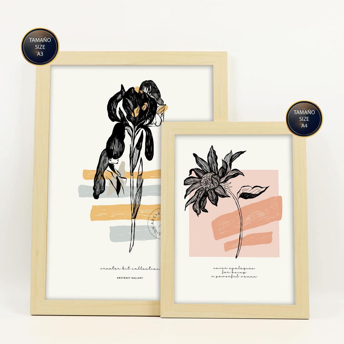 POSTER Set Mit 6 In Schwarzer Tinte Blumen Kunstdrucke Im Skizzenstil Für Innenarchitektur A3 & A4 Rahmen Aus Hellem Holz - Beige, Papier (29/3cm) - Nacnic