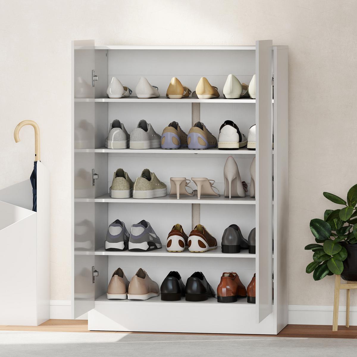 SCHUHSCHRANK, Schuhregal mit Verstellbaren Ablagen, Belüftungslöchern - Weiß Hochglanz/Weiß, Holzwerkstoff (34.5/103/72cm) - HOMCOM