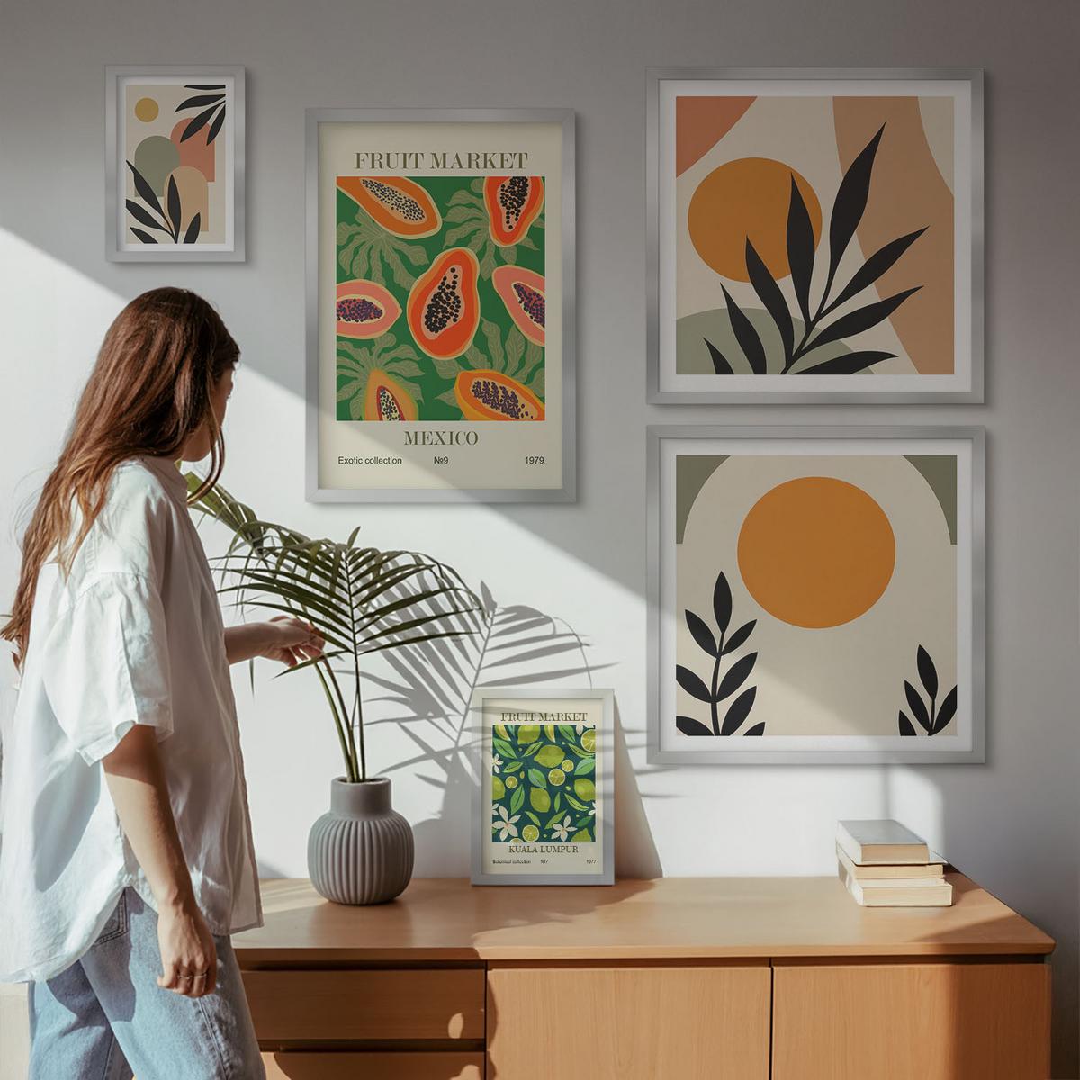 BILDER SET 5er Set - 50x50 cm & 20x30 cm & 40x60 cm Silberner Rahmen - Fruchtmuster der italienischen Kultur - Silberfarben, Kunststoff (40/60cm) - TULUP