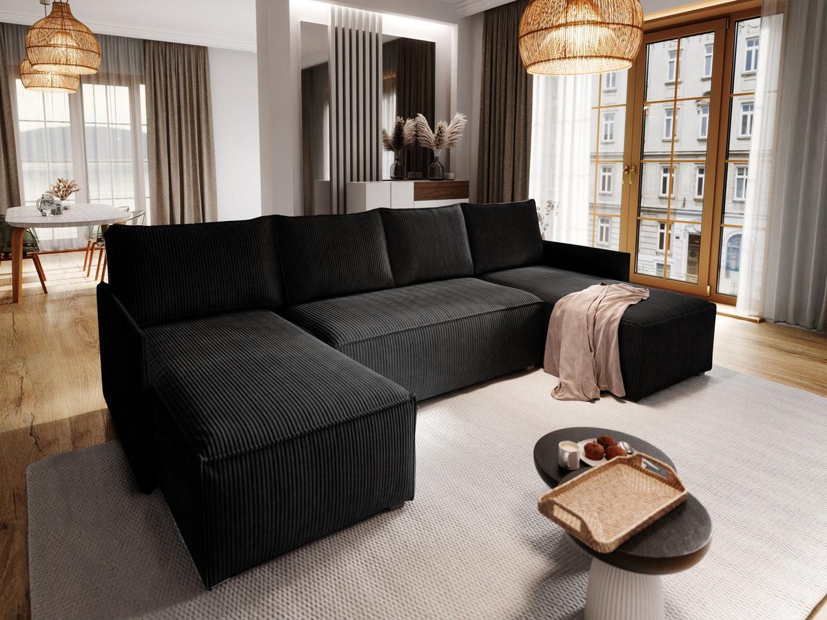 WOHNLANDSCHAFT TRES Schwarz Kordstoff mit Schlaffunktion - Schwarz/Grau, Holz/Kunststoff (271/85/140cm) - MASSENO