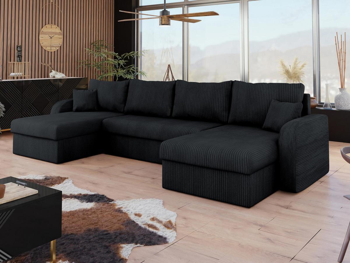 WOHNLANDSCHAFT Kris U Cord - Schwarz, Holz/Kunststoff (304/80/140cm) - MIRJAN24
