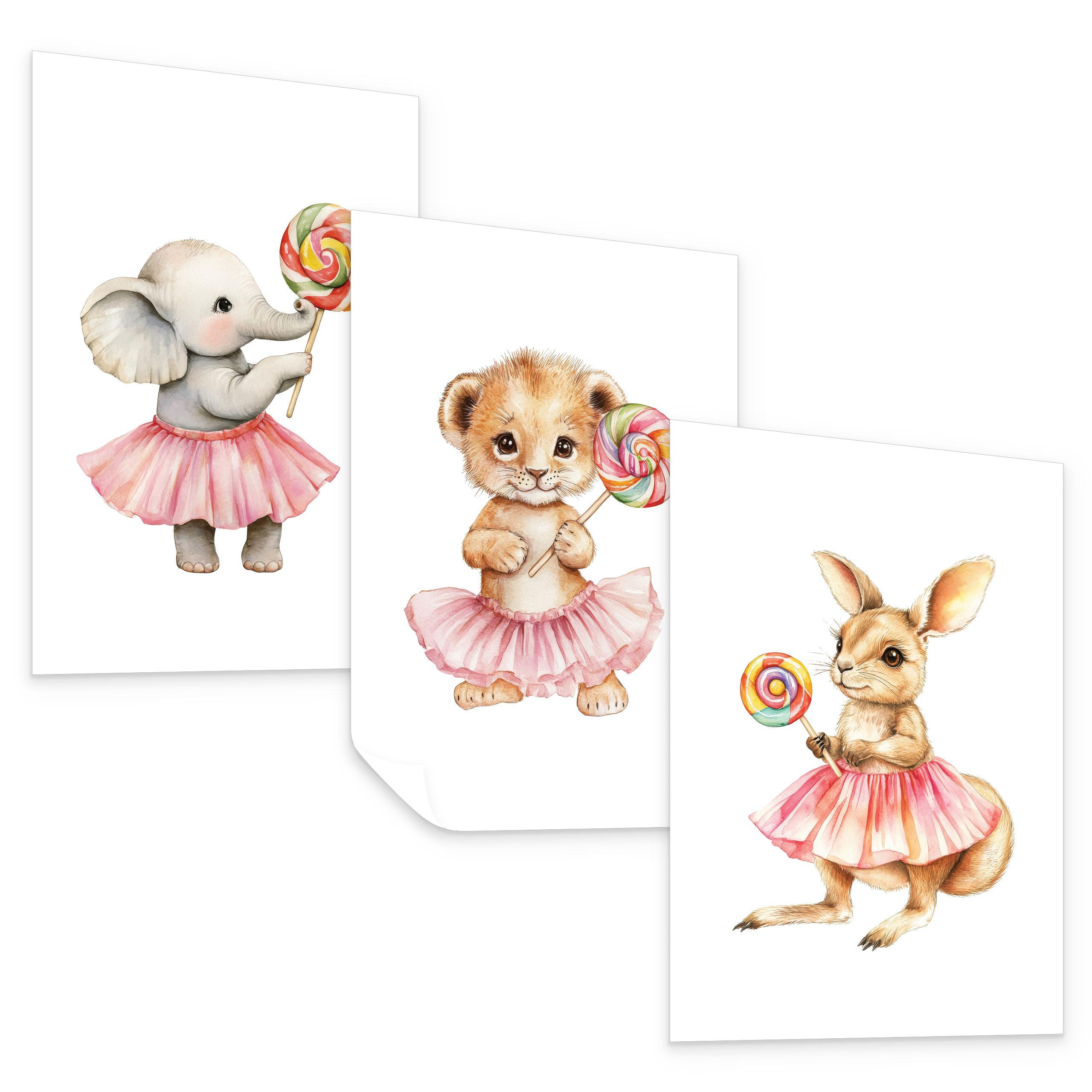 POSTER SET ohne Rahmen für Kinder TIERE mit Lutschern 3x Poster A3 30x42cm - Gelb/Beige, Papier (30/42/1cm) - Muralo
