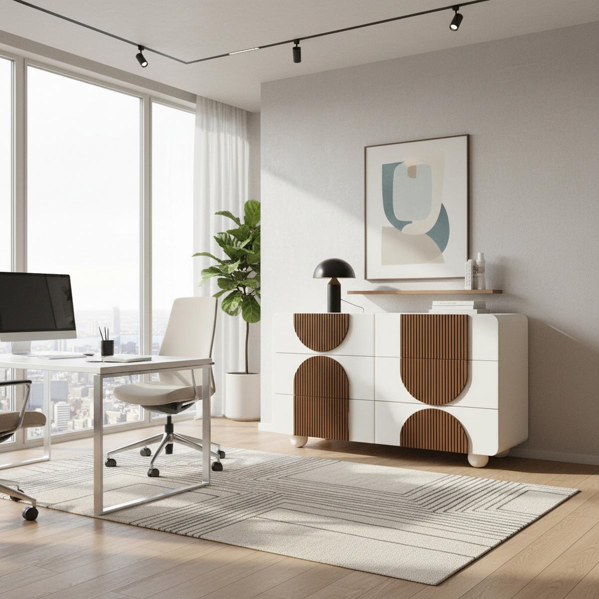 SIDEBOARD Weiß Holzleisten mit 6 Schubladen Geschwungenes Design 121×71 cm - Weiß, Holzwerkstoff (121/71/41cm) - Urban Meuble