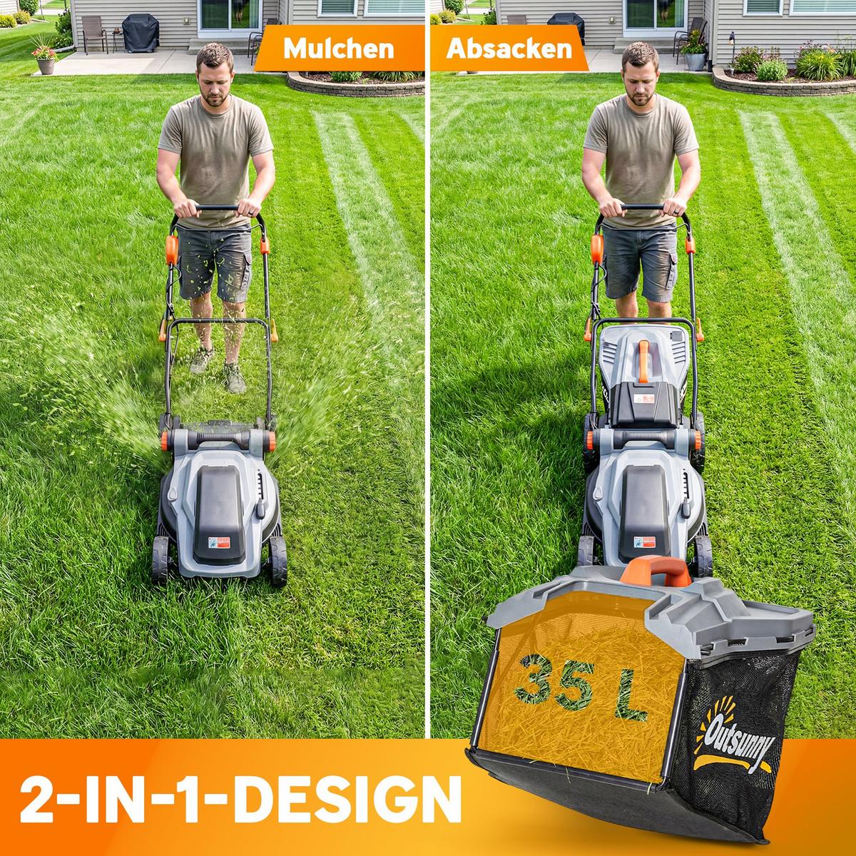 ELEKTRO-RASENMÄHER 35l Fangkorb Hellgrau, Orange - Hellgrau, Metall (40/96/113cm) - Outsunny