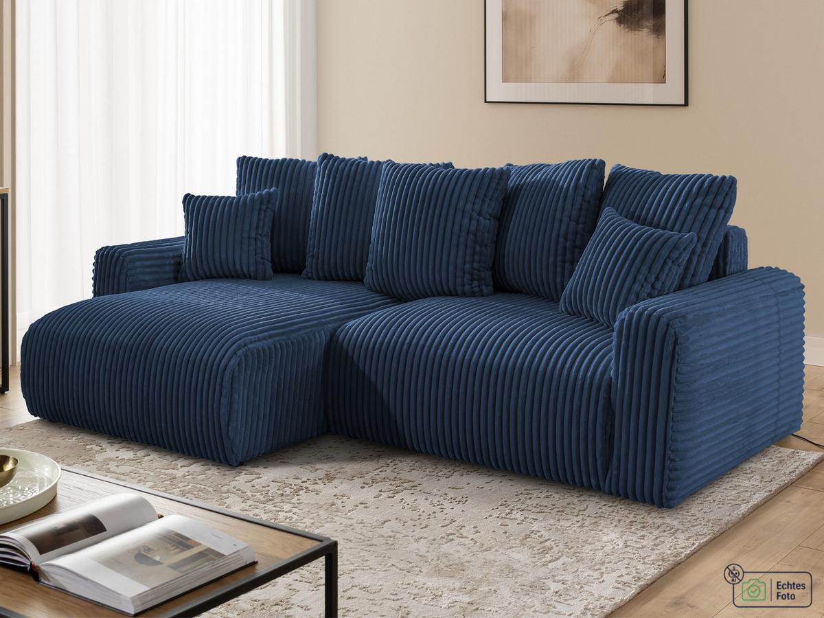 ECKSOFA Calma mit Schlaffunktion und Bettkasten im Bumpy-Design aus weichem Marineblau Plüschcord - Ottomane links - Blau/Schwarz, Holz/Kunststoff (239/140cm) - S-Style