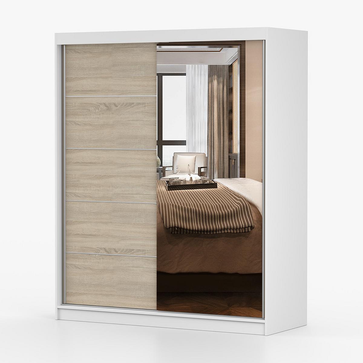 SCHWEBETÜRENSCHRANK Bono 05 Weiß/Sonoma Eiche mit Spiegel 160 cm - Alufarben/Weiß, Glas/Holzwerkstoff (160/195/61cm) - imoebel24
