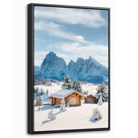 LEINWAND Bilder mit Rahmen - Winter - Hütte - Berge - Aussicht - Schnee - 20x30 - Eichefarben, Textil (20/30cm) - MuchoWow