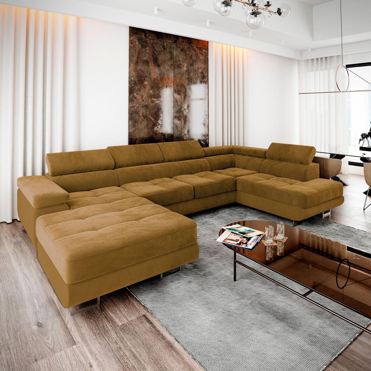 WOHNLANDSCHAFT CASONE R-S Gelb Velours-Stoff mit Schlaffunktion - Gelb/Silberfarben, Holz/Textil (345/90/202cm) - MASSENO