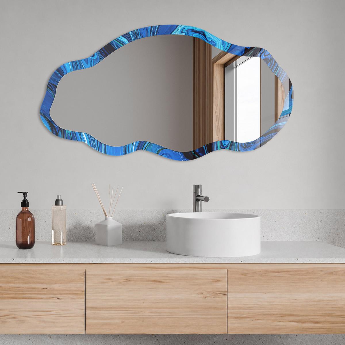 SPIEGEL 90x45 cm asymmetrisch mit Druck - Blaue Abstraktion - Transparent, Glas (45/90/0.4cm) - TULUP