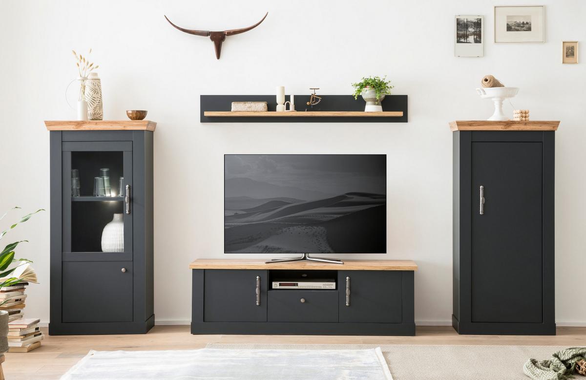 WOHNWAND 4-teilig grau, Eiche Wotan, Landhaus 322 x 170 cm, Wohnkombination mit Soft-Close - Silberfarben/Eiche Wotan, Glas/Holzwerkstoff (322/170/45cm) - Furn.Design