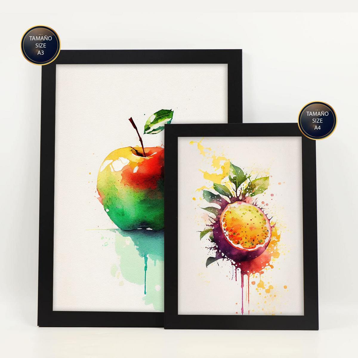 POSTER Set Mit 6 Regenbogenfrüchte Plakate Von Obst Gemüse & Gesunden Lebensmitteln Im Aquarell Kunst Auf Reinweißen A3 & A4 Schwarzer Rahmen - Schwarz, Papier (29/3cm) - Nacnic