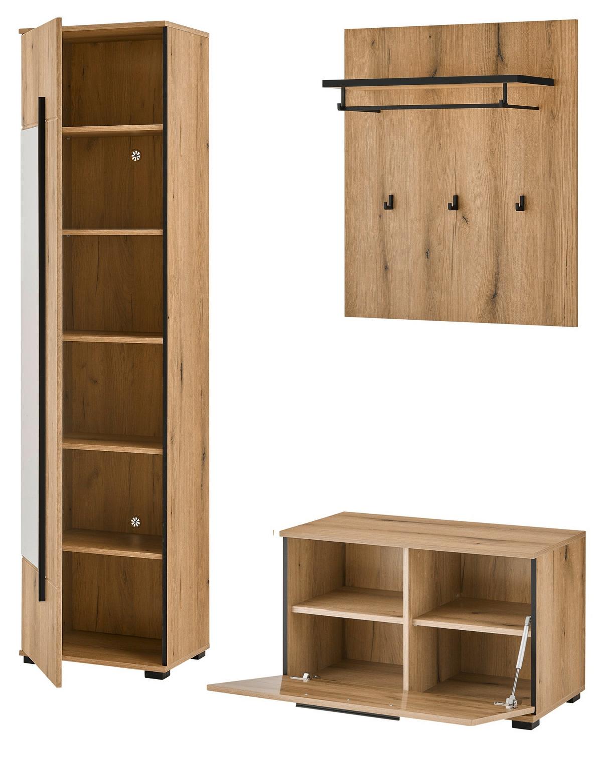 GARDEROBEN-SET Evoke Eiche 4-teilig 140 cm, Flurgarderobe mit Spiegel - Dunkelgrau/Eichefarben, Glas/Holzwerkstoff (140/200/40cm) - Furn.Design