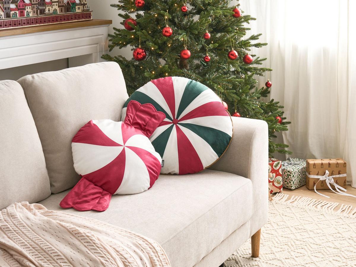 DEKOKISSEN 2er-Set Weiß 55/55 cm Twirl Treats - Rot/Weiß, Textil (55/55cm) - Beliani
