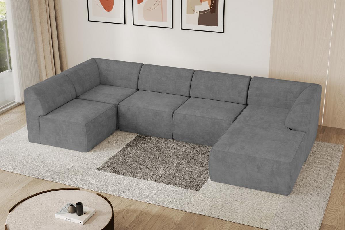 WOHNLANDSCHAFT Ottomane Rechts MOVO-L 345x180x78 cm Grau Velours - Taupe, Holzwerkstoff/Kunststoff (180/78/345cm) - ALTDECOR
