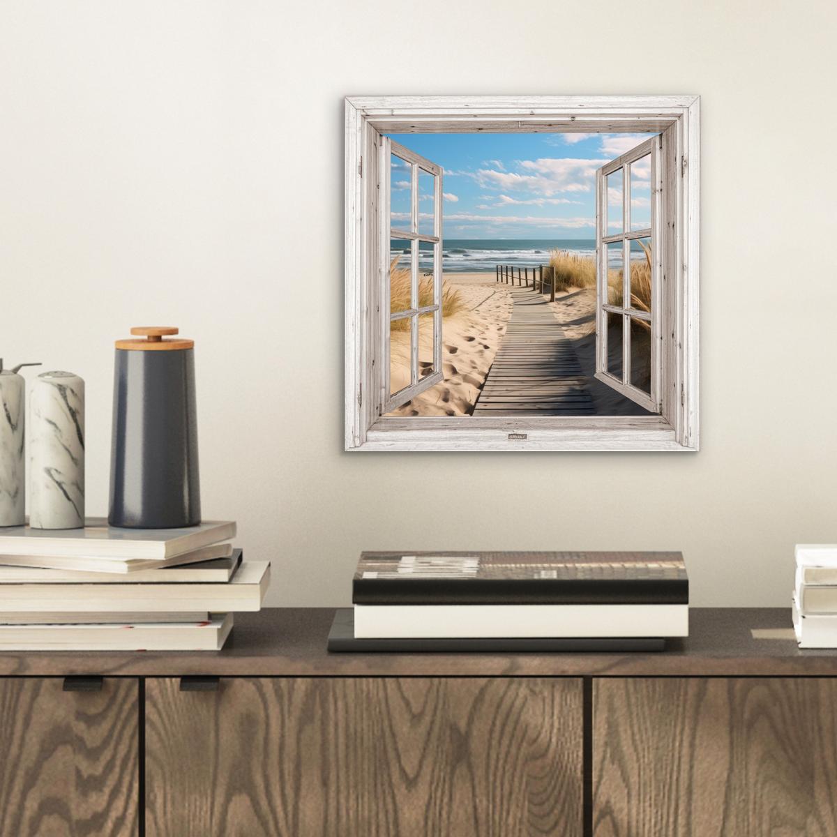 METALLBILD Fenster - Meer - Küste - Natur - Ausblick - Strand - Wattenmeer 20x20 cm - Beige, Metall (20/20cm) - MuchoWow