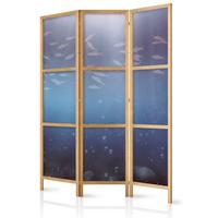 PARAVENT Japanischer 3-tlg 135x172 cm Fischschwarm - Blau, Holz/Textil (135/172/3cm) - Muralo