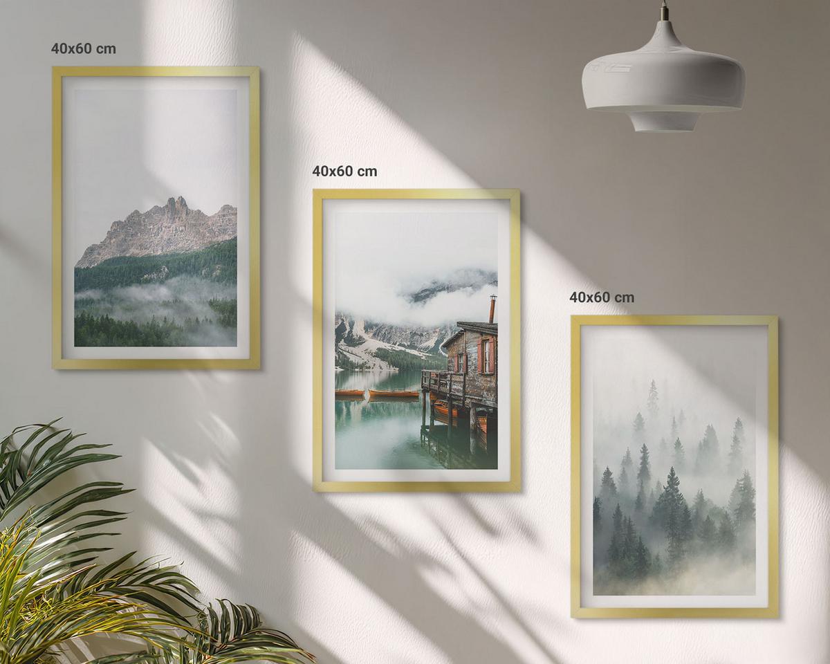 BILDER SET 3er Set - 40x60 cm Goldrahmen - Berge, See, Hütte, Nebel - Goldfarben, Kunststoff (40/60cm) - TULUP