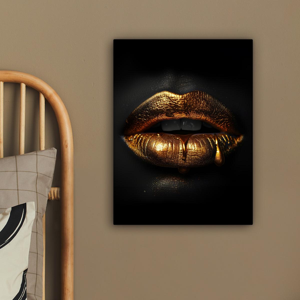 LEINWANDBILD Frau - Porträt - Lippen - Gold - Schwarz Room Decor 30x40 cm - Schwarz, Textil (30/40cm) - MuchoWow
