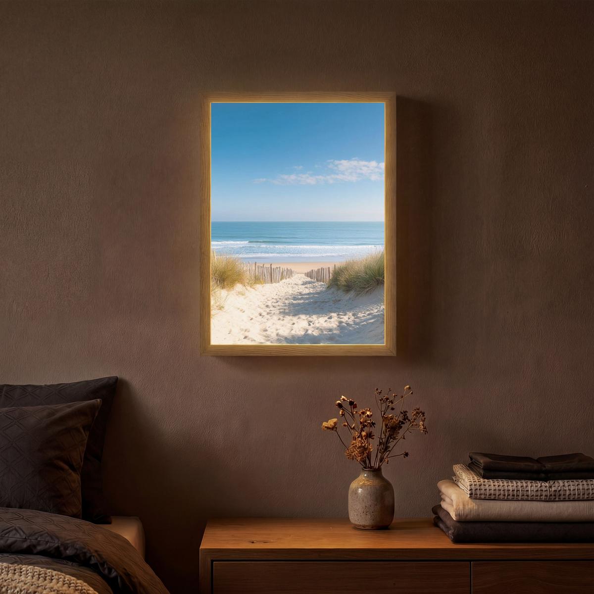 WANDLEUCHTE MIT AKKU Strand - Meer - Düne - Sand - Sommer 30x40 cm - Sandfarben, Holzwerkstoff (30/40/8cm) - OnlyWow