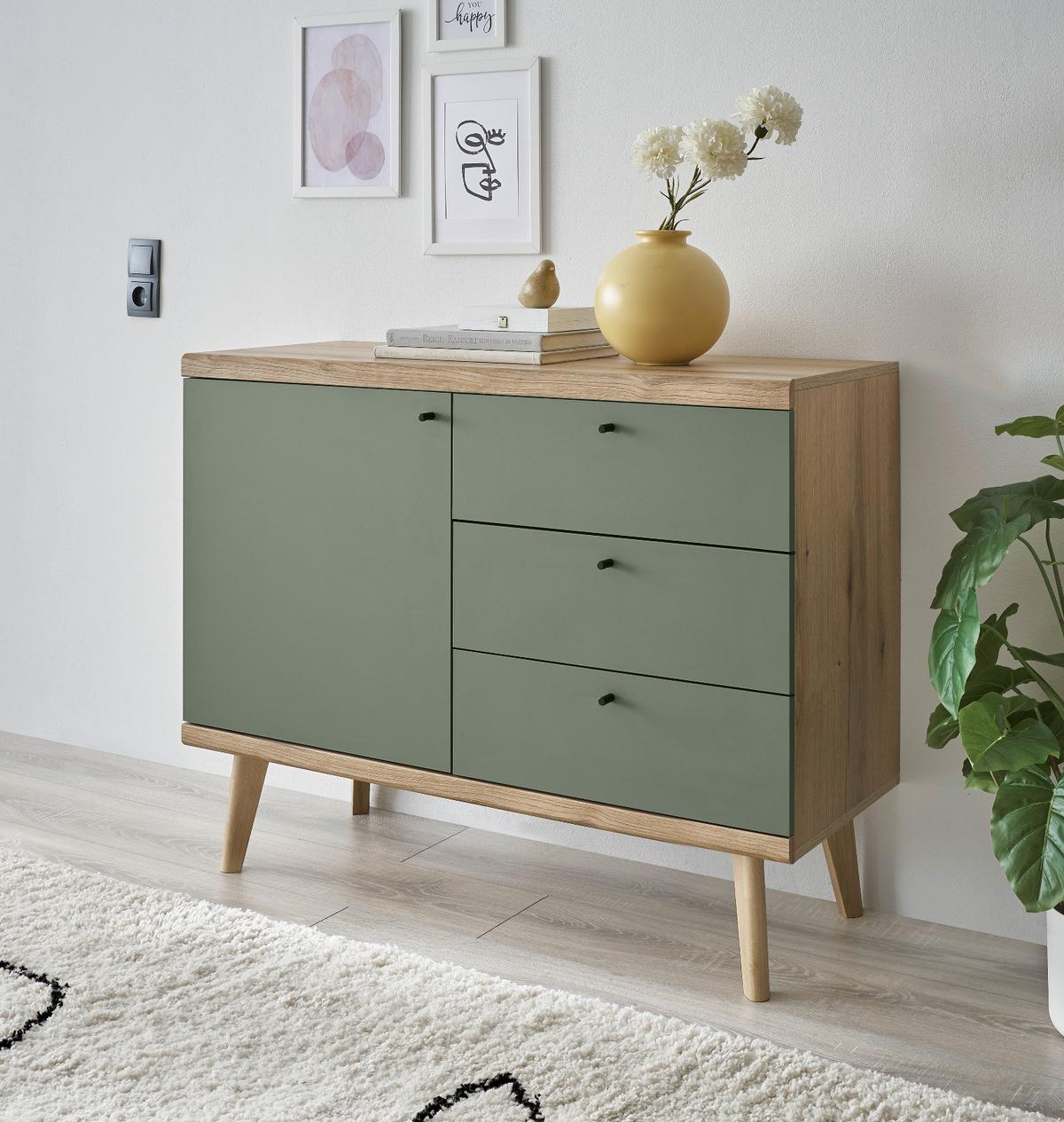 SIDEBOARD Salbei grün, Eiche Evoke, skandinavisch 107 x 83 cm, Kommode mit Vollauszug - Salbeigrün/Eichefarben, Holz/Holzwerkstoff (107/83/40cm) - Furn.Design